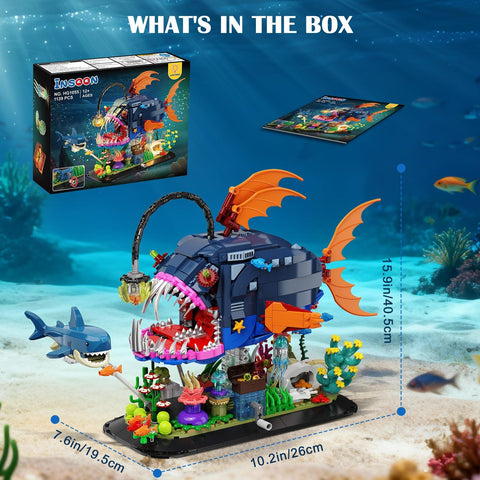 Epic Light Up Angler Fish Mechanical Building Kit With 1139 Pieces Including Shark And Jellyfish, Deep Sea Ocean Creature Build Set For Adults Teens 12 Plus, Interactive Display Toy And Lighting Gift