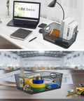 Six Pack Wire Storage Baskets Set, Durable Metal Mesh Organizers In Gray, shown organizing office and workshop supplies