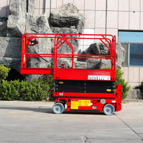 Pro Grade Hydraulic Lift Table For Warehouse Loading And Heavy Cargo Transfer Built Tough Workhorse Platform, red mobile lift with elevated platform.