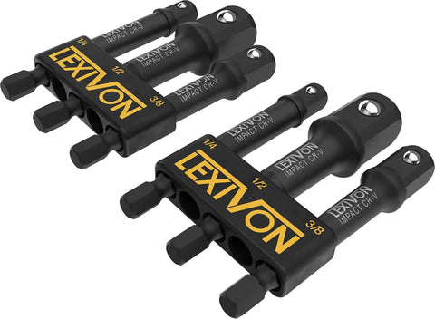 Two Pack Beefy Impact Grade Socket Adapters With Three Inch Extension Bit And Holder For Your Power Drill To Handle Heavy Duty High Torque Wrench Work, Includes One Quarter, Three Eighths, And One Half Inch Drive, Chrome Vanadium Steel, black with gold branding.
