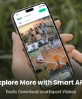 Person holding smartphone with app interface for Follow Me Drone With Camera And Self Flying Mode, videos visible on screen.