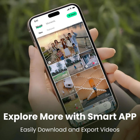 Person holding smartphone with app interface for Follow Me Drone With Camera And Self Flying Mode, videos visible on screen.