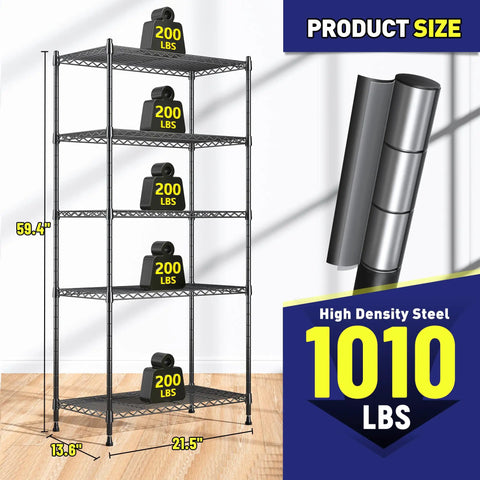 Five Tier Adjustable Narrow Storage Shelves For Kitchen, Heavy Duty Metal Rack With 1010 Lbs Load Capacity, Anti-Wobble Stability, Durable Pantry Organizer For Cabinets And Countertop Organization, Space Saver. 59.4" tall steel shelf