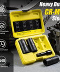 Flip Lug Nut Removal Tool Kit With Dual Head Design and Beefy Five Piece Wheel Lock Extractor Set in yellow case, showing sockets.