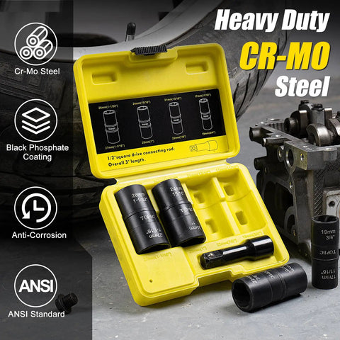 Flip Lug Nut Removal Tool Kit With Dual Head Design and Beefy Five Piece Wheel Lock Extractor Set in yellow case, showing sockets.