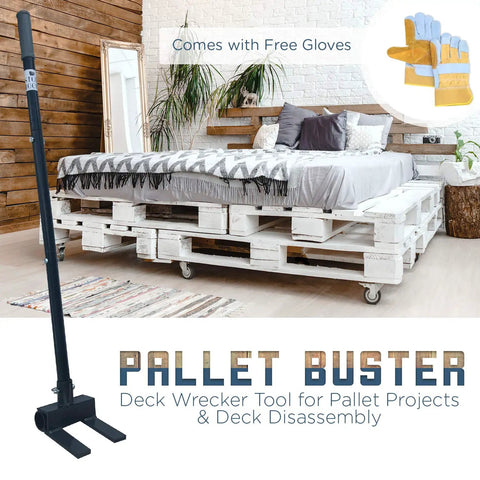 Deck Wrecker Pallet Breaker Tool For Quick Pallet Teardown And Deck Board Removal next to white pallet bed with bonus gloves inset.