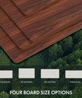 Spacious Flexispot Electric Standing Desk With Dual Motor Three Stage Lift And Memory Presets 55 By Twenty Eight Inches Whole Piece Mahogany Desktop displaying four size options on wooden surface.