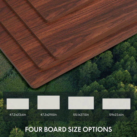 Spacious Flexispot Electric Standing Desk With Dual Motor Three Stage Lift And Memory Presets 55 By Twenty Eight Inches Whole Piece Mahogany Desktop displaying four size options on wooden surface.