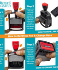 Instruction manual for Top Shelf Heavy Duty Self Inking Date Stamp With Crisp Red Ink Lightweight Build Finger Guard Shell One Point Five By Two Point Twenty Five Impressions Snappy Quick Reload Setup Legit Office Essential.
