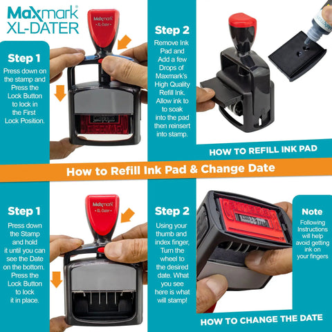 Instruction manual for Top Shelf Heavy Duty Self Inking Date Stamp With Crisp Red Ink Lightweight Build Finger Guard Shell One Point Five By Two Point Twenty Five Impressions Snappy Quick Reload Setup Legit Office Essential.