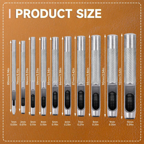 Heavy Duty Leather Hole Punch Set With 1mm To 10mm Holes Twenty Five Sixty Fourths Inch Hollow Round Punches Carbon Steel Build