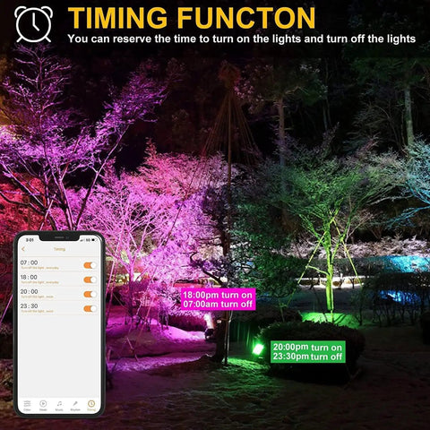 Four Pack RGB LED Flood Lights Outdoor 300W Equivalent 30W Bluetooth Smart Color Changing Floodlights illuminate garden with app control