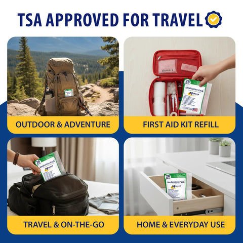 MFASCO 7-in-1 travel first aid kit; collage of outdoor backpack, refill kit, travel-on-the-go, and home use.