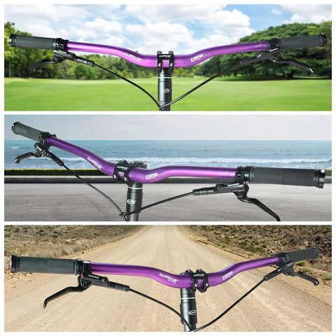 MTB 31.8mm Riser Handlebar Extra Long 720mm or 780mm Aluminum Alloy Built For Downhill Trail Racing Grippy And Beefy For Total Control On Rough Terrain against various backgrounds