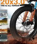 Beast 1200W Folding Fat Tire Ebike With 48V 13Ah Battery, NFC Unlock, Step-Through Cargo Frame, 20x3 Fat Tires, Up To 55 Miles, Speeds Over 20 MPH, 7-Speed Gearing, Black close-up of 20x3.0" front tire
