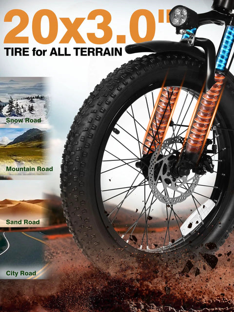 Beast 1200W Folding Fat Tire Ebike With 48V 13Ah Battery, NFC Unlock, Step-Through Cargo Frame, 20x3 Fat Tires, Up To 55 Miles, Speeds Over 20 MPH, 7-Speed Gearing, Black close-up of 20x3.0" front tire