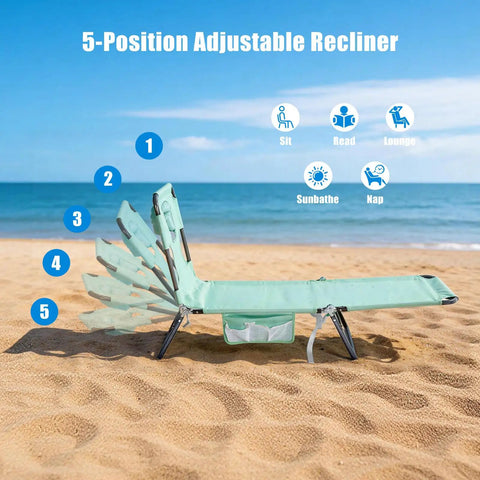 Reclining Beach Lounge Chair With Flat Lay Sunbathing Position, Folding Camping Cot With Backpack Straps on sandy beach