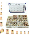 Ultimate 420 Piece Metric And SAE Rivet Nut Kit Carbon Steel Flat Head Nutsert Set For M3 M4 M5 M6 M8 M10 And 6 32 8 32 10 24 1 4 20 5 16 18 3 8 16 Pro Grade For Heavy Duty Jobs, showing organized compartments and rivet nut sizes.