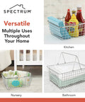 Various uses of Large Metal Wire Storage Basket With Handle For Kitchen Pantry Closet Garage And Laundry Room Must Have Heavy Duty Open Wire Bin Sturdy Steel Construction Easy Viewing Multi Room Organization Durable Shelving Organizer shown in kitchen, nursery, bathroom.