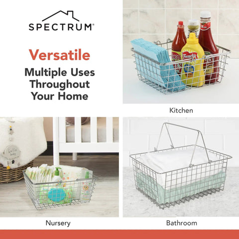 Various uses of Large Metal Wire Storage Basket With Handle For Kitchen Pantry Closet Garage And Laundry Room Must Have Heavy Duty Open Wire Bin Sturdy Steel Construction Easy Viewing Multi Room Organization Durable Shelving Organizer shown in kitchen, nursery, bathroom.
