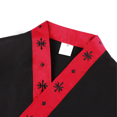 Fresh Black Unisex Three Quarter Sleeve Sushi Chef Coat Made With Super Soft Lightweight Fabric, size S, with red embroidered collar.