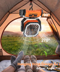 Cordless Camping Fan With 20000mAh Battery, LED Light, Remote, And USB Powerbank in tent with oscillating feature