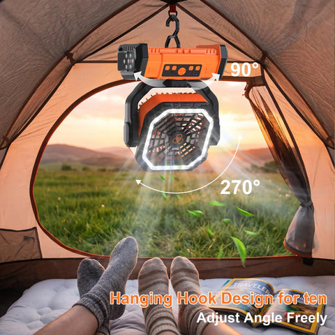 Cordless Camping Fan With 20000mAh Battery, LED Light, Remote, And USB Powerbank in tent with oscillating feature