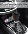 Leather 5 Speed Shift Knob With Four Adaptive Parts installed in vehicle, showcasing non-slip grip, black and red design, manual gear knob.