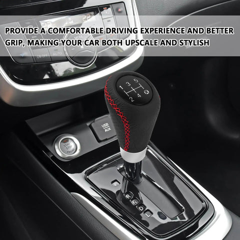 Leather 5 Speed Shift Knob With Four Adaptive Parts installed in vehicle, showcasing non-slip grip, black and red design, manual gear knob.