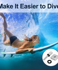 Woman diving underwater with surfboard featuring 6 Piece No Tool Stainless Steel Thumb Fin Screws For Surfboard Longboard Paddleboard And SUP 316 Stainless Replacement Fin Hardware For Men And Women Easy Install Plug And Play Durable Corrosion Resistant Fin Screws with close-up of screw and plate inset.
