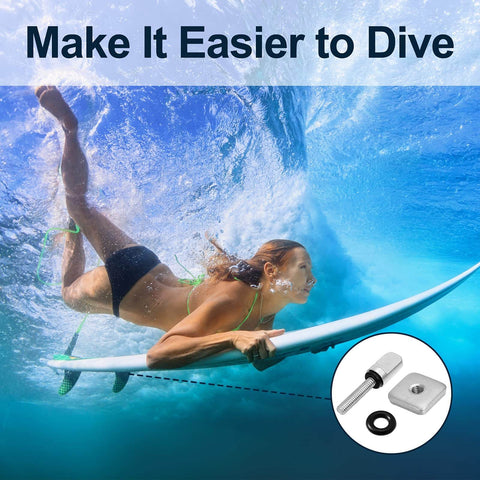 Woman diving underwater with surfboard featuring 6 Piece No Tool Stainless Steel Thumb Fin Screws For Surfboard Longboard Paddleboard And SUP 316 Stainless Replacement Fin Hardware For Men And Women Easy Install Plug And Play Durable Corrosion Resistant Fin Screws with close-up of screw and plate inset.