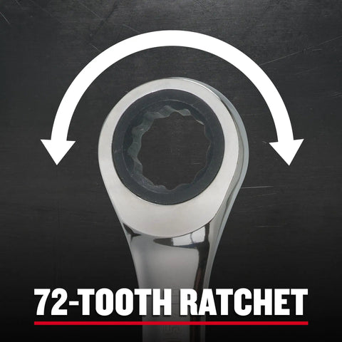 Ratcheting Wrench 15 16 Inch 12 Point Box End with 72-tooth ratchet for quick engagement and knuckle clearance.