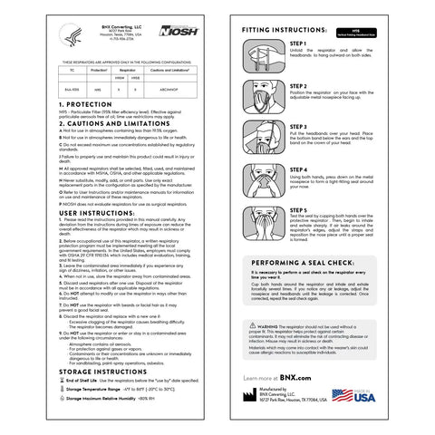 Instruction guide for NIOSH Certified N95 Mask 95 Filtration Made in USA White Overhead Headband Respirator 20 Pack Particulate Protection