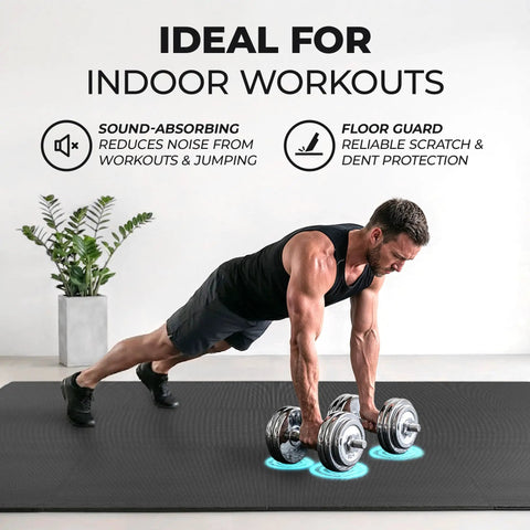 Interlocking Foam Gym Mats Set With Edge Pieces For Full Floor Protection, 12 Tiles, 24 By 24 Inch, 0.4 Inch Thick, man exercising