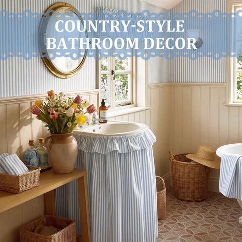 Blue Stripe Bathroom Sink Curtain Skirt Slaps Over Ugly Pipes Under Vanity Zero Fuss Install Straight Up Solid Coverage Keeps Your Cabinet Lookin Super Clean