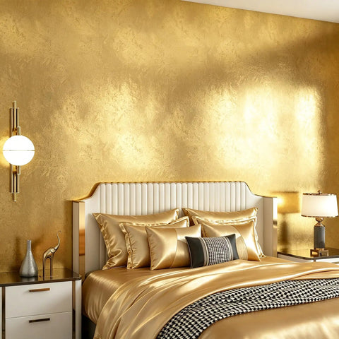 Dope Gold Peel And Stick Wallpaper Thick Metallic Wallcovering Renters Friendly used in stylish bedroom with gold accents.