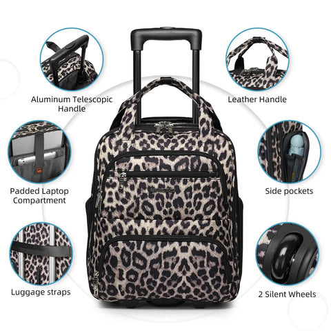 Expandable Softside 4-Piece Luggage Set With 20 Inch Carry-On, 16 Inch Underseat Bag, shown in leopard print with telescopic handle.