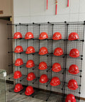 Heavy Duty Hard Hat Rack Organizer with helmets in metal wire storage cubes, tool-free helmet holder for construction sites and more