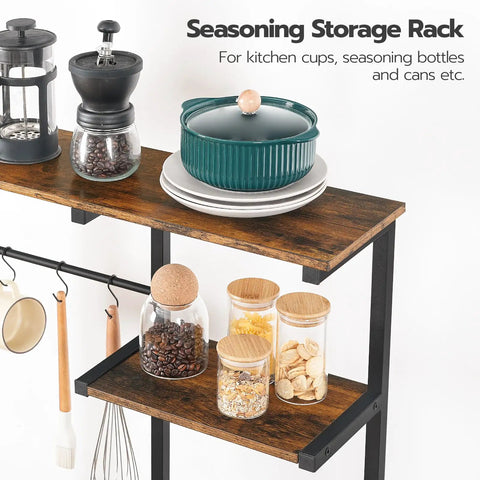 Large Bakers Rack With Power Outlets For Kitchen And Office, 6 Tier Microwave Stand With 4 Hooks, wooden seasoning shelf
