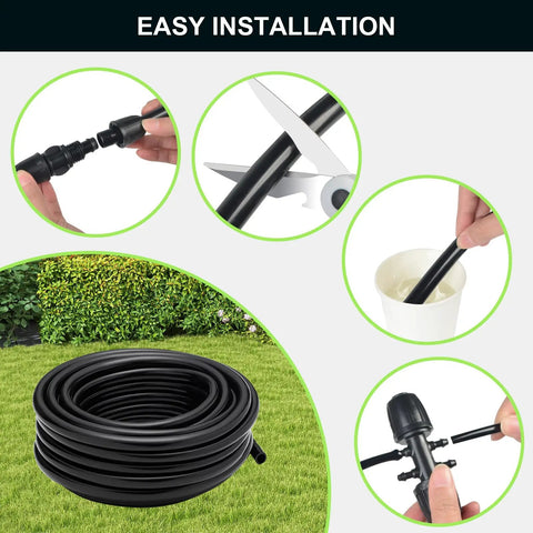 Diagram of 50 Feet 1/2 Inch Drip Irrigation Tubing Main Line Hose with connectors and installation steps