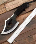 Beast Fixed Blade Axe Knife with Saw Back and Sheath next to measuring ruler for size reference.