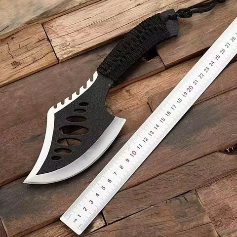 Beast Fixed Blade Axe Knife with Saw Back and Sheath next to measuring ruler for size reference.