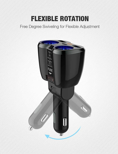 2 Socket Car Charger With Independent Switch, 80W Per Socket, 12/24V Cigarette Lighter Splitter shown with flexible rotation feature.