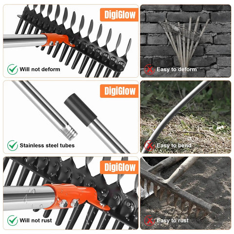 Comparison of Pro Grade Lawn Dethatcher And Soil Aerator durability features with non-durable alternatives, showcasing steel tines and handle.