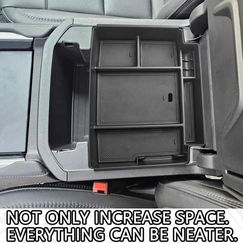 Boss Level Power Sliding Center Console Organizer For 2021 To 2026 GMC Yukon Tahoe Suburban Armrest Storage Tray Black Not For Console With Charging Socket Premium Fit Easy Install shown installed.