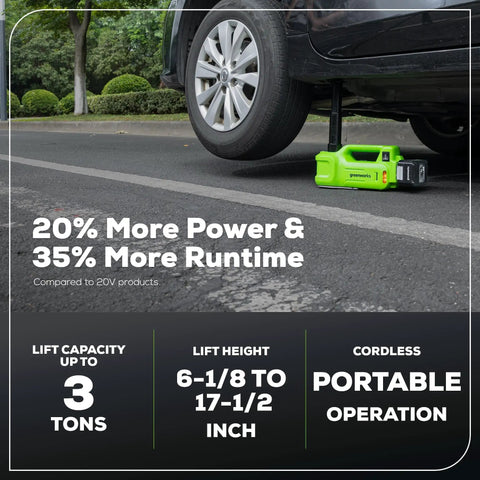 Cordless 24V Hydraulic Car Jack Kit lifting vehicle up to 3 tons with 2Ah battery and charger, portable for tire changes.