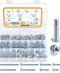 Number 8 32 Phillips Head Machine Screw Assortment Kit With Zinc Plated Steel Bolts Nuts And Washers For Cabinet Doors And Drawers 705 Piece, detailed view of screws and hardware.