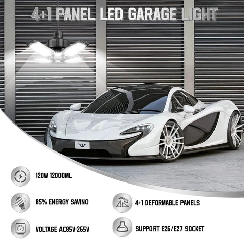 120W LED Garage Lights With 12000 Lumens And 6500K Daylight, 4 In 1 Deformable Panels, installed in garage ceiling above car