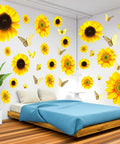 39 Piece 3D Sunflowers And Butterflies Wall Decals Set With Gold Accents displayed on bedroom wall above bed with blue bedding