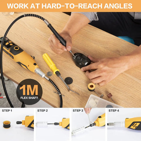 Person using Powerful Rotary Tool Kit With 6 Variable Speeds From 10000 To 35000 RPM Large LED Display for detailed carving.